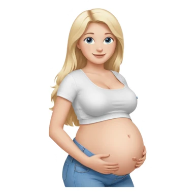 White girl, 18, long blonde hair, blue eyes, white crop top, jeans, huge pregnant belly, big boobs, side view, skinny, bare midriff, smiling sticker
