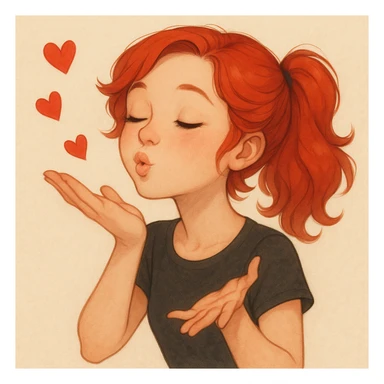 Create an image of a red headed girl blowing kisses. Match the style of the reference image provided, which has a soft, detailed, and slightly whimsical illustration style. Focus on capturing the character's expression and gesture accurately while maintaining the artistic style of the reference. sticker