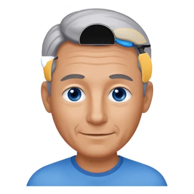 Middle aged man with tanned skin, receding black to grey hair and no beard, blue eyes, shy smile sticker