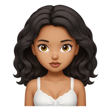 a pretty bratz tan girl with wavy black hair wearing a white cami top. Skintone is brown sticker