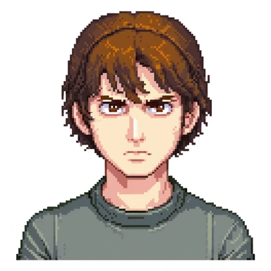 A man with brown hair and brown eyes, a little angry but kind at the same time. He has a bob-style hairstyle that covers his ears, has bangs in front of his eyebrows, and white skin. sticker