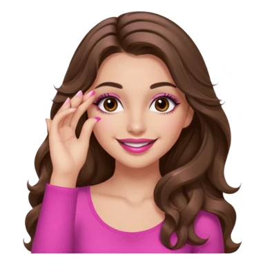 girl with long wavy brown hair, brown eyes, long lashes makeup, sexy pink lips, light to medium complexion, pink sexy top, smiling, hand covering eyes sticker
