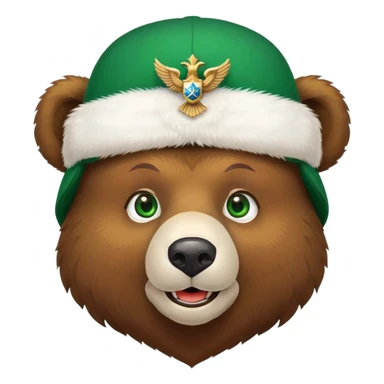Smiling brown bear face with vivid green eyes, wearing traditional white ushanka hat featuring double-headed eagle emblem, Russian style sticker