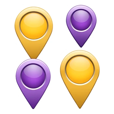 simple, minimalistic yellow (hex#FFD008) and purple (hex#8C52FF) icons of a pin location (round top and sharp bottom) sticker