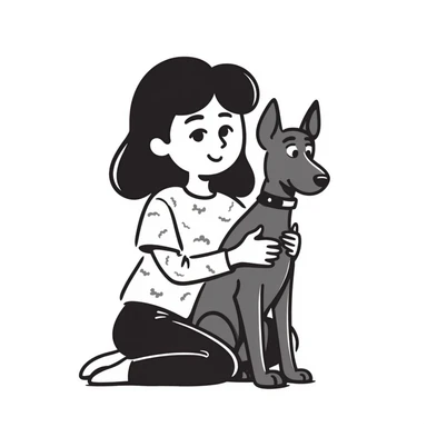 A medium black hair Asian girl holding a Doberman sticker