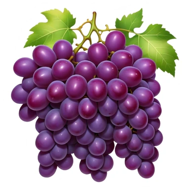 Cinematic Realistic Grapes Emoji, Clustered together in rich purple hues, with smooth, plump skins reflecting light in a glossy, delicate sheen. The stems curve slightly, holding the clusters together like a sweet, natural treasure. Soft glowing outline, capturing the essence of natural sweetness and richness in a bunch of ripe grapes! sticker