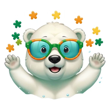 friendly anthropomorphised polar bear swimming freestyle, excited expression, wearing large multicolored star-shaped glasses, no St. Patrick's Day outfit sticker