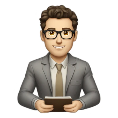 Pale skinned Fit Man With dark brown hair in gray jacket with emblem Ψ, beige office shirt and vintage glasses sitting In a soft chair with a notebook and a pen in his hands sticker