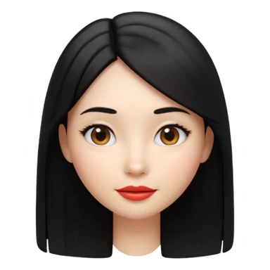A cute 3D female emoji avatar, smooth skin, long straight black hair, glossy lips, soft lighting, minimal background, beauty branding style, high quality, Pixar style, front view, symmetrical face, clean and elegant sticker