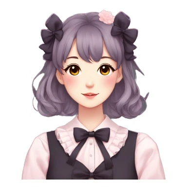 Gorgeous pastel anime style lady with blushing face and flowers and laces and bow ties and pretty hair aesthetic trending style sticker