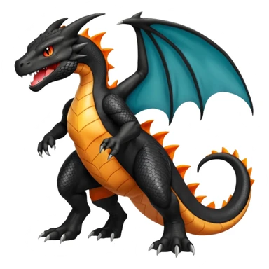 Shiny Black Koraidon-Charizard-Salandit-Fakémon-hybrid-creature (full body) with orange belly sticker