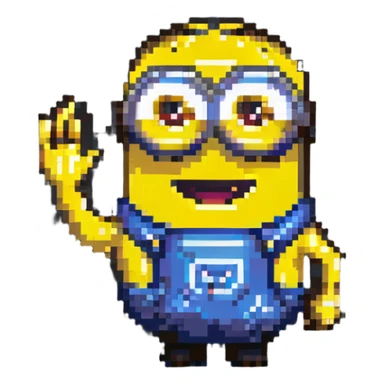 happy Minion pixel art character, two eyes, waving hand sticker