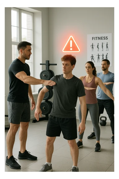 vertical cinematic scene in modern gym, instructor demonstrating postural exercises to small group, glowing red warning icon floating above one participant with visible postural asymmetry such as uneven shoulders or hips, scene communicates standard postural routines may not be appropriate for those with asymmetries, bright airy background with fitness posters and equipment, realistic educational style sticker