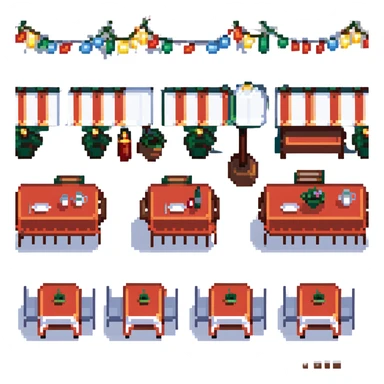Italian restaurant with outdoor seating, checkered tablecloths, string lights in pixel art style sticker