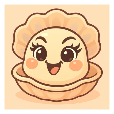 Create a version with even more expressive black eyes, expressive eyebrows, pretty eyelashes, and enhanced pastel, pearly, cream, peach, and greige shades. Keep the large shell, small oyster, pastel toon style, background, and mischievous expression as in the reference image. sticker