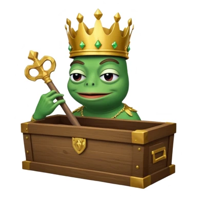 Emoji of an empty wooden coffin with its lid on top, the word ‘ECHO’ carved into the lid. The coffin is shown from the outside. A king-like Pepe the Frog, standing outside the coffin, is hammering nails into the lid to seal it shut. No character is inside the coffin. Not a treasure chest. sticker