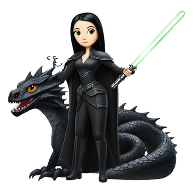  beautiful armored teen Morticia Addams Jedi riding on the back of a very large black shiny evil-looking dragon. to scale sticker