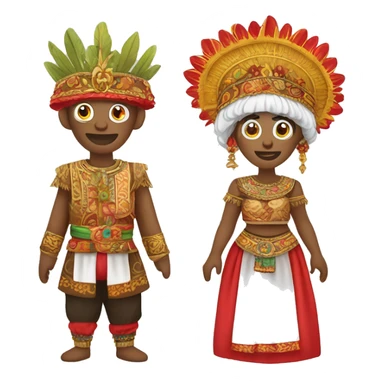 Create an emoji set for the traditional Indonesian ondel-ondel puppets. The male has a red face and fierce features, the female a white face and soft features. Both wear vibrant Betawi clothing and tall, crown-like headdresses with colorful decorations. sticker