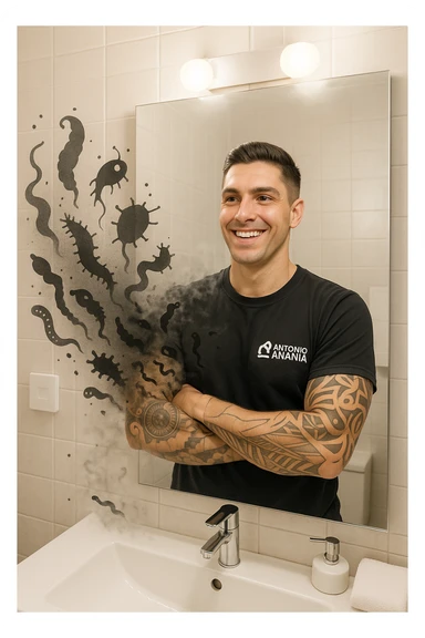 a man stands in a brightly lit bathroom, looking relieved and revitalized as he examines his reflection in the mirror. In the foreground, stylized, shadowy images of parasites (such as worms or protozoa) are shown leaving his body, dissolving into mist or fading away. His posture is upright and his expression is one of newfound energy and health. sticker