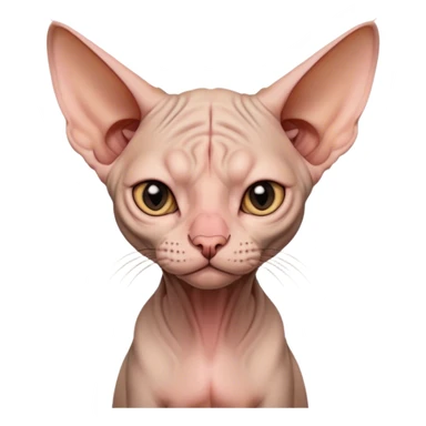 A hairless Sphynx cat, shivering slightly, big ears, wrinkled face, looking cold but determined, cartoon style, transparent background. sticker