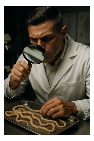 A middle-aged male kinesiologist wearing a pristine white lab coat, intensely analyzing long, beige tapeworms (like Taenia) under a magnifying glass. His expression is focused and slightly concerned, with dramatic studio lighting casting sharp shadows. The parasites are highly detailed, moist, and textured, stretched across a sterile metal tray. The background is blurred but suggests a clinical environment—hints of a microscope, medical charts, and clean lab equipment. The style is hyper-realistic, with a cinematic contrast between the bright white coat and the grotesque, organic forms of the parasites. No sci-fi elements, just raw medical realism with a disturbing edge sticker