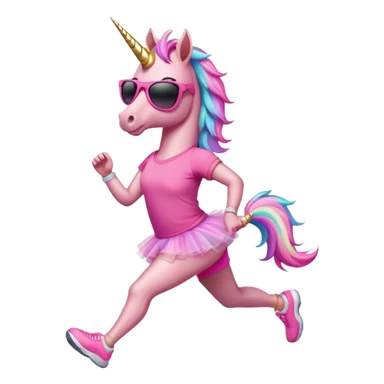 friendly anthropomorphised female unicorn with horse-like face, in tutu and pink t-shirt, wearing dark sunglasses, jogging upright in relaxed pose sticker