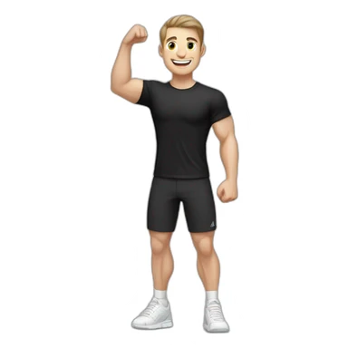 Joyful Celebrating victory Pale skinned Fit Man With the biceps and dark brown hair in black shirt, gray sports shorts and white Sneakers sticker