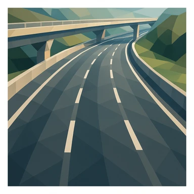 a modern expressway with multiple lanes, smooth asphalt, and clear lane markings, seen from above, low-poly polygonal illustration style sticker