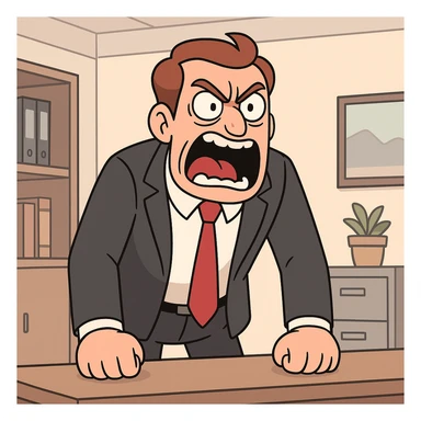 furious male boss, business attire, yelling, expressive face, office setting, cartoon style sticker