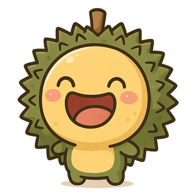 chibi style round durian character with green spiky shell and yellow flesh, laughing with eyes closed and mouth wide open, kawaii style, full-body sticker