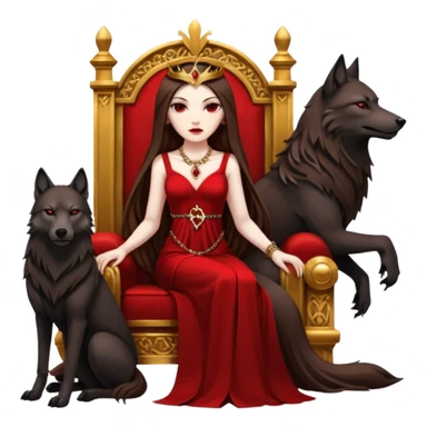 Lilith symbol seductress evil brown straight long hair haired, sexy succubus woman with red and black Chanel dress sitting on a Black and gold throne. A large black wolf laying beside he sticker