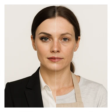 hyper realistic split-image of a woman, left side with elegant makeup and business suit, right side natural face, kitchen apron, white background, sharp contrast, symmetrical sticker