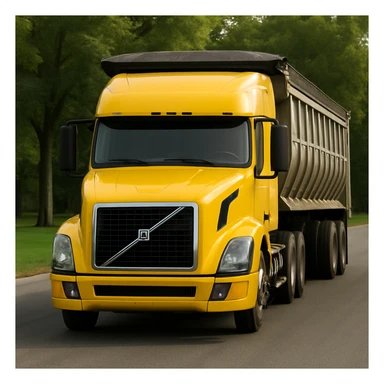 Make the yellow Volvo sleeper semi truck with a large end dump trailer facing the viewer as photorealistic as possible, with crisp details, realistic lighting, and a natural tree background. Maintain the photorealistic style and focus on realism and detail. sticker