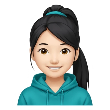 generate an asian female with long black hair in a ponytail and a teal hoodie sticker