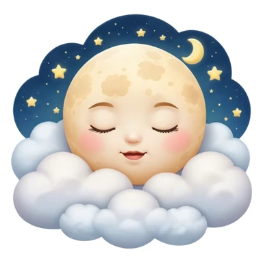 Cinematic adorable moon with a sleepy face, round and chubby, soft glowing light, tiny rosy cheeks, resting on a bed of fluffy clouds, dreamy and peaceful. sticker