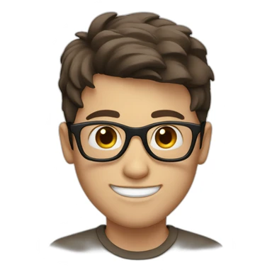 white boy with dark brown hair with circle brown glasses and a smile sticker