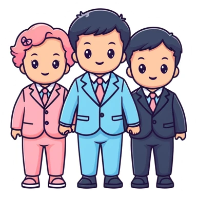triplet toddlers with two girls in pastel pink clothes on each side and a boy in pastel blue suit in the middle sticker