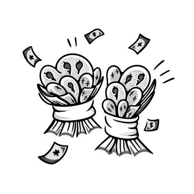 two bundles of cash, hand-drawn doodle style, loose bills, sketchy lines sticker