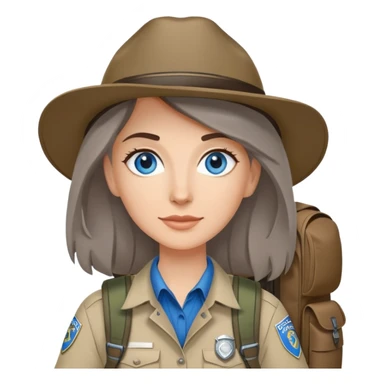white woman park ranger with blue eyes, brown and gray hair, wearing a backpack sticker