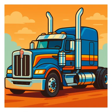 2026 Kenworth W680 flattop semi sleeper cartoon style with exaggerated chrome stacks, vibrant colors sticker