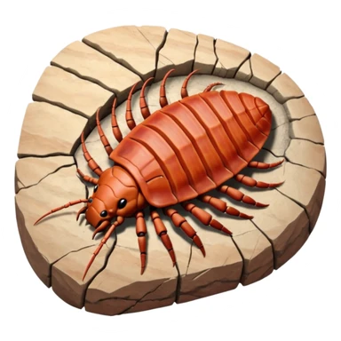 3D render of Trilobite, embedded in a chunk of rough sedimentary rock, cracked stone texture, ancient fossil aesthetic, fossilized in reddish sandstone rock, matte dry finish, Apple emoji style, isolated on white background --v 6.0 sticker