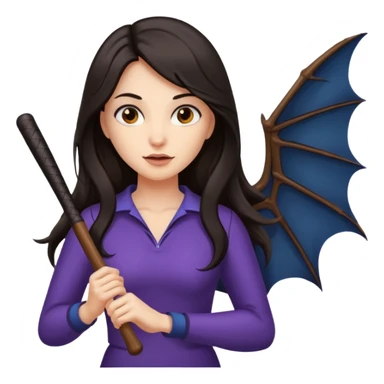 woman with long dark hair holding a flying bat sticker
