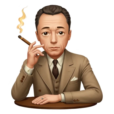 Albert Camus with a small cigar between his fingers, and with his both arms folded together loosely on the table. He looks chic, intellectual, philosophical, yet not so serious, thus so having fatal charm and attractive. His posture looks relaxed.  sticker