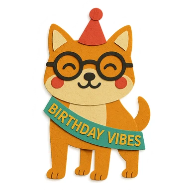 Adjust the Shiba Inu to have a clear 4-leg appearance and make the 'Birthday Vibes' sash thinner in style. Keep the paper-craft style, glasses, party hat, and all other elements the same. sticker