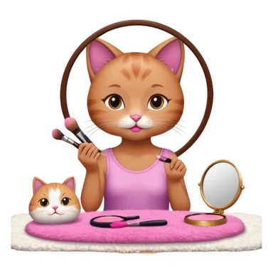 Show me a picture or a girl cat sitting in a cute room doing makeup into a pink little mirror sticker