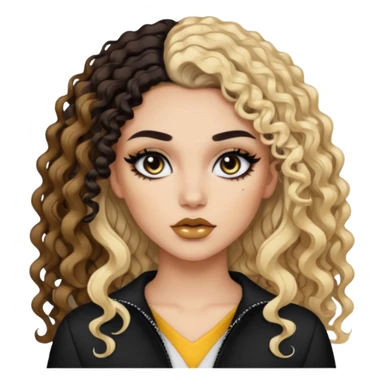Split dye brunette and blonde, baddie, pretty makeup, black eyeliner, long and curly hair sticker