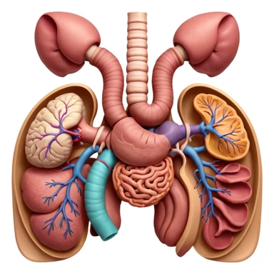 A highly detailed 3D accurate and anatomical model of the belly of a human, including the intestines, stomach, kidneys etc. Medical illustration style, realistic lighting, neutral background, hyper-detailed, scientific accuracy, 8K resolution sticker