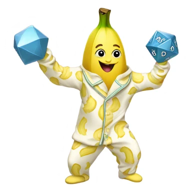 Banana in pajamas dancing and holding a d20 sticker