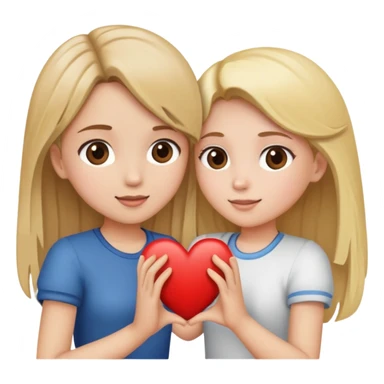 A girl with blonde hair and a girl with brown hair doing a heart sticker