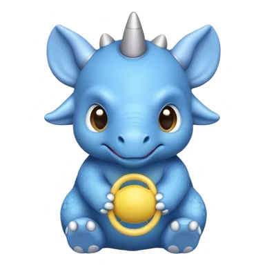 A small blue baby triceratops toy with stubby horns and a pacifier sticker